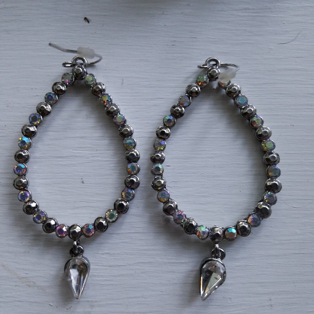 INC silver sparkly rhinestone teardrop hoop earrin